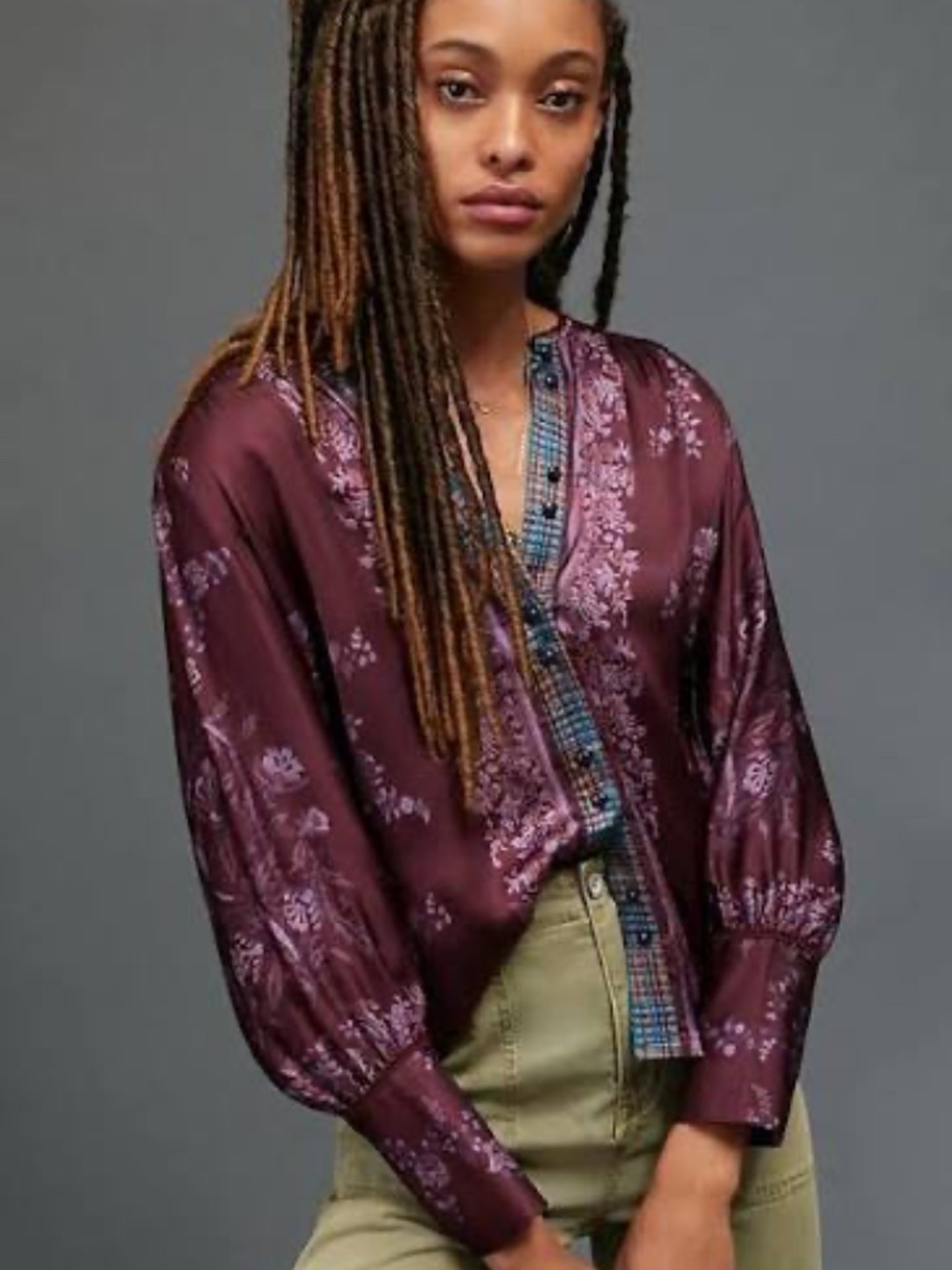NWT Anthropologie Jeannette Tiny Silky Purple Button Down Printed Shirt XS